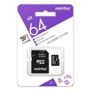 Карта памяти Micro SDXC 64GB Smartbuy; U3 V30; Class 10 (с адаптером SD)